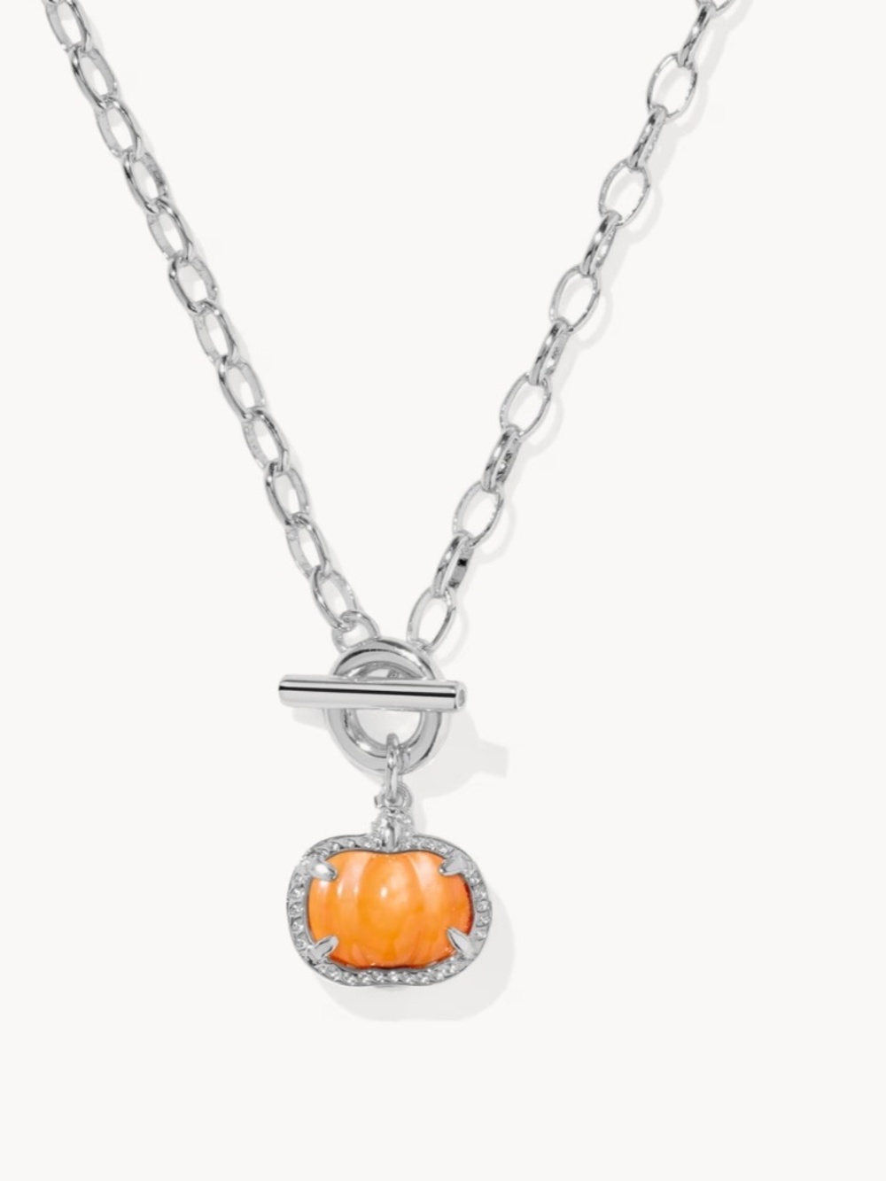 Kendra Scott Pumpkin Silver Link and Chain Necklace in Orange Mother-of-Pearl